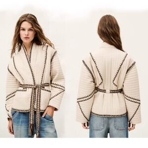 Magaschoni Anthropologie Cream Quilted Tie Cotton Jacket with Brown Trim